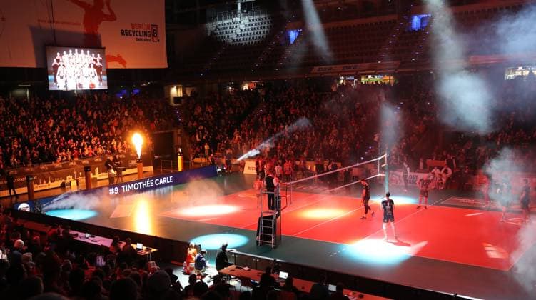 The Max Schmeling Halle in orange before the match Sport Volleyball CEV Champions League quarter-finals mens season 2023 2024 21 02 2024 BR Volleys Berlin BRV vs Itas Trentino