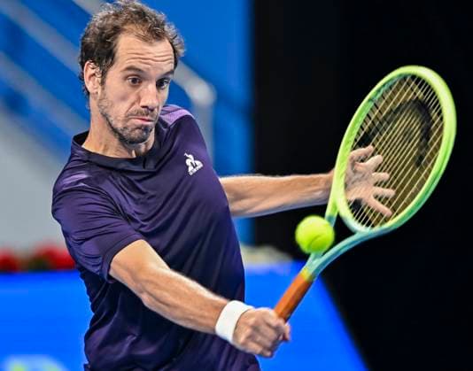 ATP, Tennis Herren Qatar Exxonmobil Open Tennis Tournament 2024 Richard Gasquet of France is playing against Andrey Rublev in his round of 16 singles match at the ATP Qatar ExxonMobil Open tennis tournament at the Khalifa International Tennis Complex in Doha, Qatar, on February 21, 2024. DOHA Qatar  Copyright: xNoushadxThekkayilx originalFilename:varittyakkal-atpqatar240221_np7tM.jpg