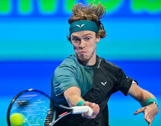 ATP, Tennis Herren Qatar Exxonmobil Open Tennis Tournament 2024 Andrey Rublev is playing against Richard Gasquet of France in his round of 16 singles match at the ATP Qatar ExxonMobil Open tennis tournament at the Khalifa International Tennis Complex in Doha, Qatar, on February 21, 2024. DOHA Qatar  Copyright: xNoushadxThekkayilx originalFilename:varittyakkal-atpqatar240221_npdzu.jpg