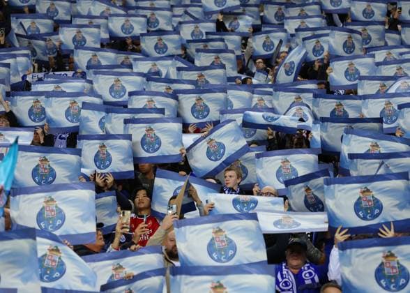 Porto, Portugal, 21st February 2024. FC Porto fans hold up mosaic boards during the UEFA Champions League match at the Estadio do Dragao, Porto. Picture credit should read: David Klein Sportimage EDITORIAL USE ONLY. No use with unauthorised audio, video, data, fixture lists, club league logos or live services. Online in-match use limited to 120 images, no video emulation. No use in betting, games or single club league player publications. SPI-2957-0020