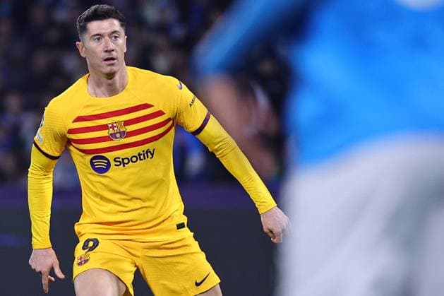 Robert Lewandowski of FC Barcelona, Barca during the Champions League football match between SSC Napoli and FC Barcelona at Diego Armando Maradona stadium in Naples (Italy), February 21st, 2024. cesarexpurini