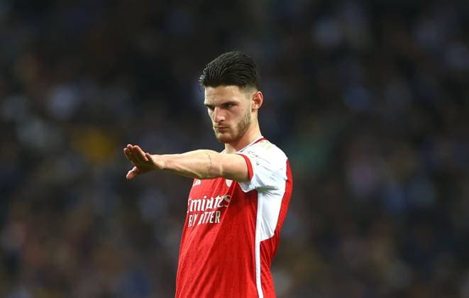 Declan Rice of Arsenal Porto v Arsenal, UEFA Champions League, Round of 16, First Leg, Football, Estadio do Dragao, Porto, Portugal - 21 Feb 2024 EDITORIAL USE ONLY No use with unauthorised audio, video, data, fixture lists, club league logos or live services. Online in-match use limited to 120 images, no video emulation. No use in betting, games or single club league player publications. Copyright: xKieranxMcManus Shutterstockx 14355127s