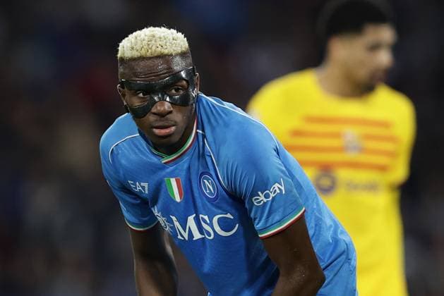 Champions League match SSC Napoli vs Barcellona SSC Napoli s Nigerian forward Victor Osimhen looks during the UEFA Champions League round 16 match between SSC Napoli vs Barcellona at the Diego Armando Maradona Stadium in Naples, southern Italy, on February 21, 2024. ABPH2977 Copyright: xAntonioxBalascox