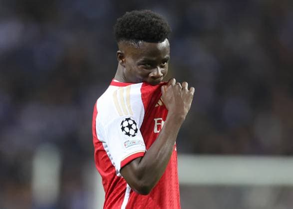 Porto, Portugal, 21st February 2024. Bukayo Saka of Arsenal rues a missed chance during the UEFA Champions League match at the Estadio do Dragao, Porto. Picture credit should read: David Klein Sportimage EDITORIAL USE ONLY. No use with unauthorised audio, video, data, fixture lists, club league logos or live services. Online in-match use limited to 120 images, no video emulation. No use in betting, games or single club league player publications. SPI-2957-0027