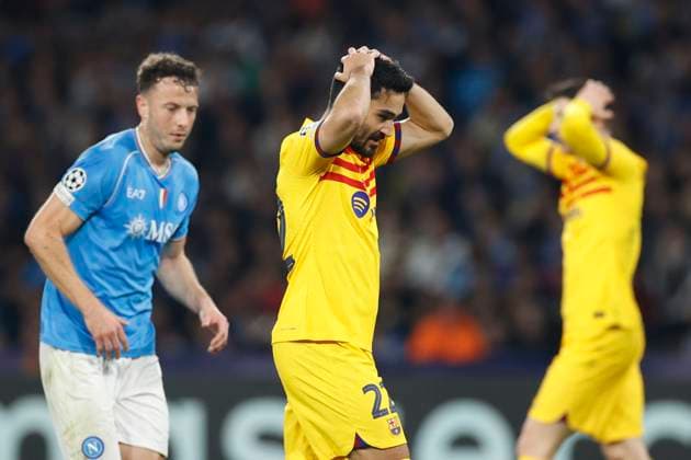 Ä°lkay Gundogan FC Barcelona, Barca looks dejected, UEFA Champions League 2023 2024 - Round of 16 First Leg, SSC Napoli vs FC Barcelona, Diego Armando Maradona StadiuÃ¬, February 21, 2024, Naples, Italy.