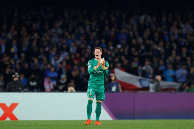 Marc-Andre ter Stegen FC Barcelona, Barca gestures, UEFA Champions League 2023 2024 - Round of 16 First Leg, SSC Napoli vs FC Barcelona, Diego Armando Maradona StadiuÃ¬, February 21, 2024, Naples, Italy.