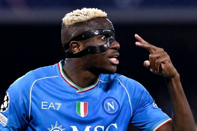 Victor Osimhen of SSC Napoli gestures during the Champions League football match between SSC Napoli and FC Barcelona, Barca at Diego Armando Maradona stadium in Naples (Italy), February 21st, 2024. AndreaxStaccioli