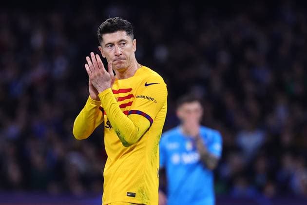 Robert Lewandowski of FC Barcelona, Barca gestures during the Champions League football match between SSC Napoli and FC Barcelona at Diego Armando Maradona stadium in Naples (Italy), February 21st, 2024. cesarexpurini