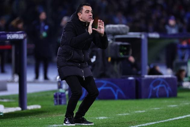 Xavi Hernandez head coach of FC Barcelona, Barca reacts during the Champions League football match between SSC Napoli and FC Barcelona at Diego Armando Maradona stadium in Naples (Italy), February 21st, 2024. cesarexpurini