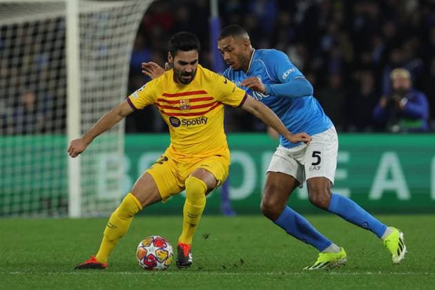 Juan Jesus (SSC Napoli), & x130;lkay Gundogan FC Barcelona, Barca battle for the ball during the UEFA CHAMPIONS LEAGUE soccer match between NAPOLI and BARCELLONA at Diego Armando Maradona Stadium in Naples, Italy - Wednesday, February 21, 2024. ( Alessandro Garofalo LaPresse )  Copyright: xAlessandroxGarofalo LaPressex