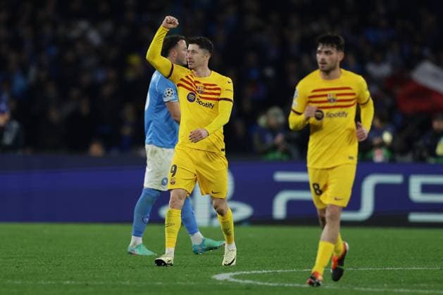 Champions League match SSC Napoli vs Barcellona Barcellona s Polish forward Robert Lewandowski celebrates after scoring a goal during the UEFA Champions League round 16 match between SSC Napoli vs Barcellona at the Diego Armando Maradona Stadium in Naples, southern Italy, on February 21, 2024. ABPH4867 Copyright: xAntonioxBalascox
