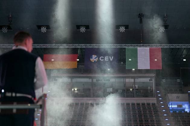 Berlin, Germany January 21, 2024 CL Volleyball 1 4 Final 2023 2024 Berlin Recycling Volleys vs Itas Trentino In the picture flags of Germany, the CEV and Italy Copyright: xFotostandx xReuhlx