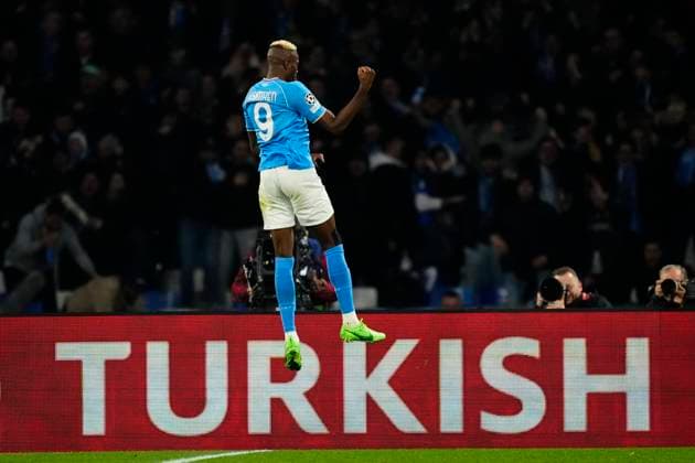 SSC Napoli v FC Barcelona, Barca Round of 16 First Leg - UEFA Champions League 2023 24 Victor Osimhen centre-forward of Napoli and Nigeria celebrates after scoring his sides first goal during the UEFA Champions League 2023 24 round of 16 first leg match between SSC Napoli and FC Barcelona at Stadio Diego Armando Maradona on February 21, 2024 in Naples, Italy. Naples Italy  Copyright: xJosexBretonx originalFilename:breton-sscnapol240221_npi0K.jpg