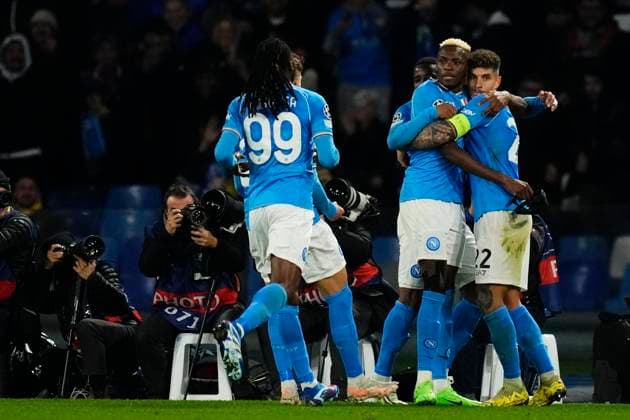 SSC Napoli v FC Barcelona, Barca Round of 16 First Leg - UEFA Champions League 2023 24 Victor Osimhen centre-forward of Napoli and Nigeria celebrates after scoring his sides first goal during the UEFA Champions League 2023 24 round of 16 first leg match between SSC Napoli and FC Barcelona at Stadio Diego Armando Maradona on February 21, 2024 in Naples, Italy. Naples Italy  Copyright: xJosexBretonx originalFilename:breton-sscnapol240221_npSY9.jpg