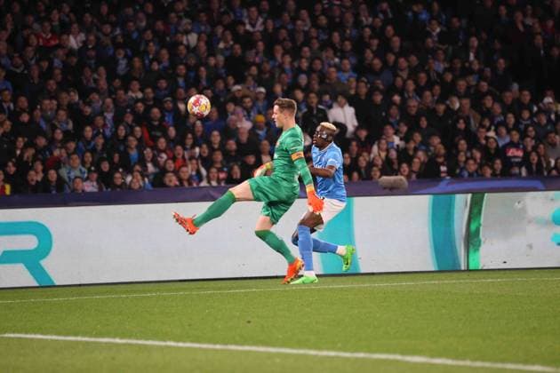 February 21, 2024, Napoli, Campania, ITALIA: 02 21 2024 Naples, Diego Armando Maradona Stadium, football match valid for the 2023 24 Champions League between SSC Napoli vs FC Barcellona.In the picture: Marc-Andre ter Stegen FC Barcelona, Barca - Victor Osimhen of SSC Napoli Napoli ITALIA - ZUMAs236 20240221_aap_s236_033 Copyright: xFabioxSassox