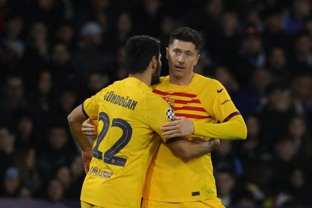 Robert Lewandowski FC Barcelona, Barca celebrates after scoring their side s first goal of the game during the UEFA CHAMPIONS LEAGUE soccer match between NAPOLI and BARCELLONA at Diego Armando Maradona Stadium in Naples, Italy - Wednesday, February 21, 2024. ( Alessandro Garofalo LaPresse )  Copyright: xAlessandroxGarofalo LaPressex