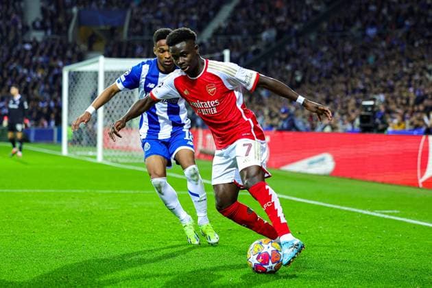 FC Porto v Arsenal Champions League 21 02 2024. Bukayo Saka (7) of Arsenal during the Champions League match between FC Porto and Arsenal at Estadio do Dragao, Porto, Portugal on 21 February 2024. Editorial use only , Copyright: xNigelxKeenex PSI-19079-0036