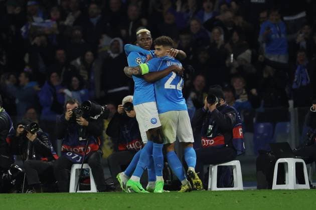 Victor Osimhen (SSC Napoli) celebrates after scoring their side s first goal for the 1-1 during the UEFA CHAMPIONS LEAGUE soccer match between NAPOLI and BARCELLONA at Diego Armando Maradona Stadium in Naples, Italy - Wednesday, February 21, 2024. ( Alessandro Garofalo LaPresse )  Copyright: xAlessandroxGarofalo LaPressex