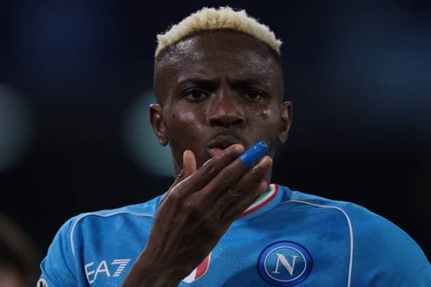 Naples, Italy, 21st February 2024. Victor Osimhen of SSC Napoli celebrates after scoring to level the game at 1-1 during the UEFA Champions League match at Stadio Diego Armando Maradona, Naples. Picture credit should read: Jonathan Moscrop Sportimage EDITORIAL USE ONLY. No use with unauthorised audio, video, data, fixture lists, club league logos or live services. Online in-match use limited to 120 images, no video emulation. No use in betting, games or single club league player publications. SPI-2940-0030