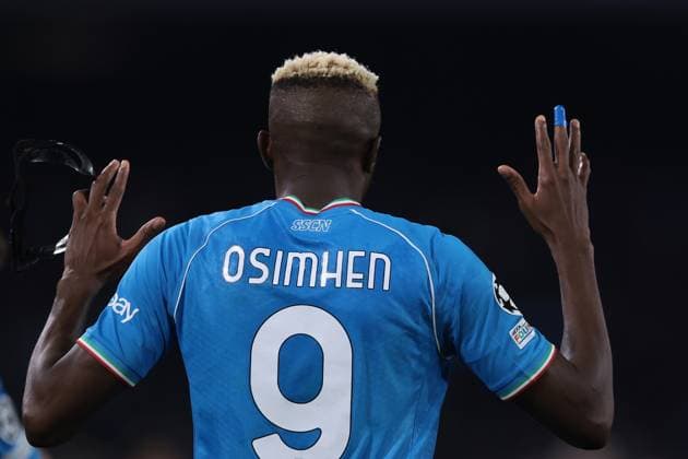 Naples, Italy, 21st February 2024. Victor Osimhen of SSC Napoli celebrates after scoring to level the game at 1-1 during the UEFA Champions League match at Stadio Diego Armando Maradona, Naples. Picture credit should read: Jonathan Moscrop Sportimage EDITORIAL USE ONLY. No use with unauthorised audio, video, data, fixture lists, club league logos or live services. Online in-match use limited to 120 images, no video emulation. No use in betting, games or single club league player publications. SPI-2940-0033