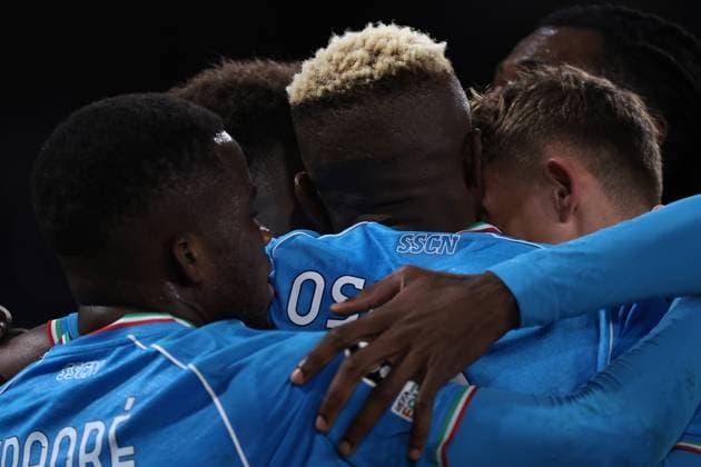 Naples, Italy, 21st February 2024. Victor Osimhen of SSC Napoli celebrates with team mates after scoring to level the game at 1-1 during the UEFA Champions League match at Stadio Diego Armando Maradona, Naples. Picture credit should read: Jonathan Moscrop Sportimage EDITORIAL USE ONLY. No use with unauthorised audio, video, data, fixture lists, club league logos or live services. Online in-match use limited to 120 images, no video emulation. No use in betting, games or single club league player publications. SPI-2940-0037