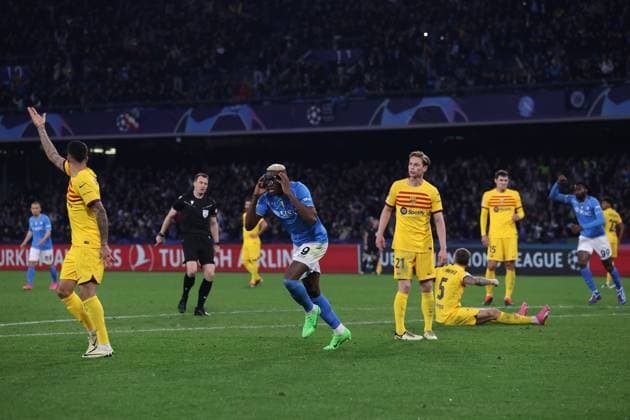 Naples, Italy, 21st February 2024. Victor Osimhen of SSC Napoli celebrates after scoring to level the game at 1-1 during the UEFA Champions League match at Stadio Diego Armando Maradona, Naples. Picture credit should read: Jonathan Moscrop Sportimage EDITORIAL USE ONLY. No use with unauthorised audio, video, data, fixture lists, club league logos or live services. Online in-match use limited to 120 images, no video emulation. No use in betting, games or single club league player publications. SPI-2940-0038