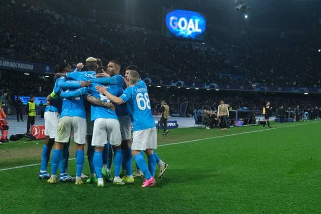 Champions League match SSC Napoli vs Barcellona SSC Napoli s Nigerian forward Victor Osimhen celebrates after scoring a goal during the UEFA Champions League round 16 match between SSC Napoli vs Barcellona at the Diego Armando Maradona Stadium in Naples, southern Italy, on February 21, 2024. DSCF5634 Copyright: xAntonioxBalascox