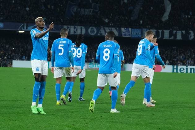 Champions League match SSC Napoli vs Barcellona SSC Napoli s Nigerian forward Victor Osimhen celebrates after scoring a goal during the UEFA Champions League round 16 match between SSC Napoli vs Barcellona at the Diego Armando Maradona Stadium in Naples, southern Italy, on February 21, 2024. DSCF5690 Copyright: xAntonioxBalascox