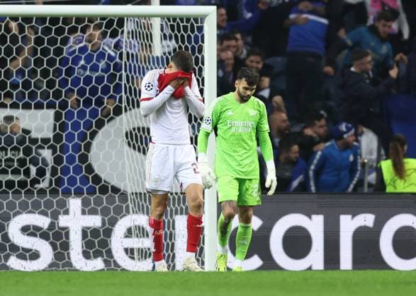 Porto, Portugal, 21st February 2024. Dejected William Saliba of Arsenal and David Raya of Arsenal during the UEFA Champions League match at the Estadio do Dragao, Porto. Picture credit should read: David Klein Sportimage EDITORIAL USE ONLY. No use with unauthorised audio, video, data, fixture lists, club league logos or live services. Online in-match use limited to 120 images, no video emulation. No use in betting, games or single club league player publications. SPI-2957-0058
