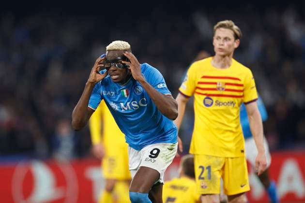 Victor Osimhen (SSC Napoli) celebrates after scoring his team s first goal, UEFA Champions League 2023 2024 - Round of 16 First Leg, SSC Napoli vs FC Barcelona, Barca Diego Armando Maradona StadiuÃ¬, February 21, 2024, Naples, Italy.