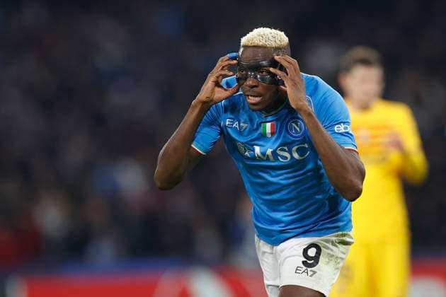 Victor Osimhen (SSC Napoli) celebrates after scoring his team s first goal, UEFA Champions League 2023 2024 - Round of 16 First Leg, SSC Napoli vs FC Barcelona, Barca Diego Armando Maradona StadiuÃ¬, February 21, 2024, Naples, Italy.