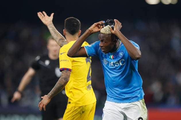 Victor Osimhen (SSC Napoli) celebrates after scoring his team s first goal, UEFA Champions League 2023 2024 - Round of 16 First Leg, SSC Napoli vs FC Barcelona, Barca Diego Armando Maradona StadiuÃ¬, February 21, 2024, Naples, Italy.