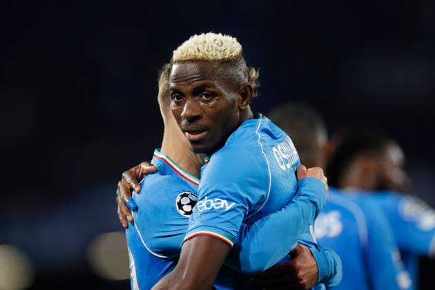 Victor Osimhen (SSC Napoli) celebrates after scoring his team s first goal, UEFA Champions League 2023 2024 - Round of 16 First Leg, SSC Napoli vs FC Barcelona, Barca Diego Armando Maradona StadiuÃ¬, February 21, 2024, Naples, Italy.