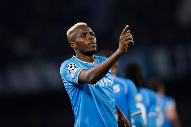 Victor Osimhen (SSC Napoli) celebrates after scoring his team s first goal, UEFA Champions League 2023 2024 - Round of 16 First Leg, SSC Napoli vs FC Barcelona, Barca Diego Armando Maradona StadiuÃ¬, February 21, 2024, Naples, Italy.