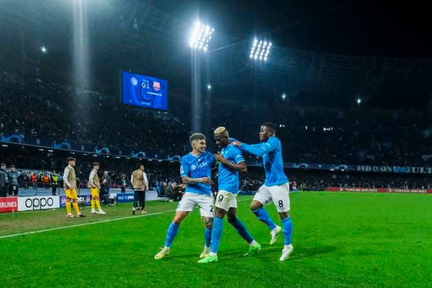 Champions League match SSC Napoli vs Barcellona SSC Napoli s Nigerian forward Victor Osimhen celebrates after scoring a goal during the UEFA Champions League round 16 match between SSC Napoli vs Barcellona at the Diego Armando Maradona Stadium in Naples, southern Italy, on February 21, 2024. DSCF5623_1 Copyright: xAntonioxBalascox