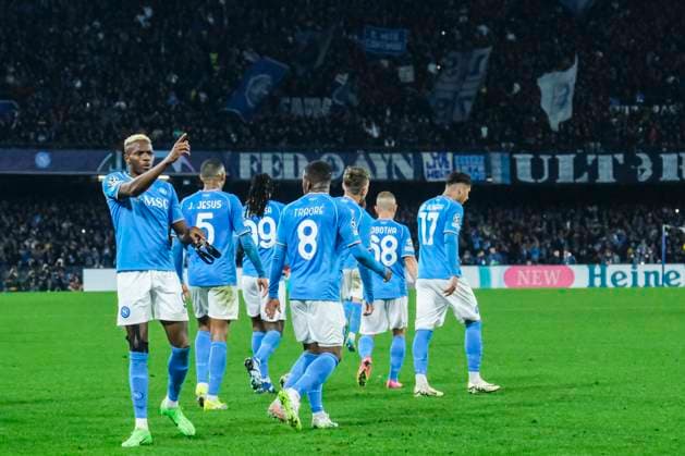 Champions League match SSC Napoli vs Barcellona SSC Napoli s Nigerian forward Victor Osimhen celebrates after scoring a goal during the UEFA Champions League round 16 match between SSC Napoli vs Barcellona at the Diego Armando Maradona Stadium in Naples, southern Italy, on February 21, 2024. DSCF5687_1 Copyright: xAntonioxBalascox