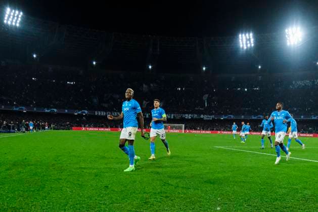 Champions League match SSC Napoli vs Barcellona SSC Napoli s Nigerian forward Victor Osimhen celebrates after scoring a goal during the UEFA Champions League round 16 match between SSC Napoli vs Barcellona at the Diego Armando Maradona Stadium in Naples, southern Italy, on February 21, 2024. DSCF5612_1 Copyright: xAntonioxBalascox
