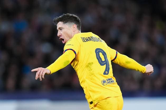 SSC Napoli v FC Barcelona, Barca - UEFA Champions League Robert Lewandowski of FC Barcelona celebrates after scoring first goal during the UEFA Champions League Round of 16 first leg match between SSC Napoli v FC Barcelona at Stadio Diego Armando Maradona on February 14, 2024 in Rome, Italy. Naples Stadio Diego Armando Maradona Naples Italy Copyright: xGiuseppexMaffiax UCL_Napoli-Barcelona_GM_210224DSC08550-2