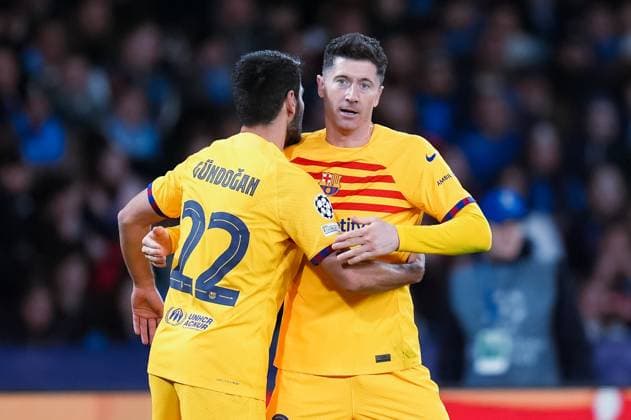 SSC Napoli v FC Barcelona, Barca - UEFA Champions League Robert Lewandowski of FC Barcelona celebrates with Ilkay Gundogan after scoring first goal during the UEFA Champions League Round of 16 first leg match between SSC Napoli v FC Barcelona at Stadio Diego Armando Maradona on February 14, 2024 in Rome, Italy. Naples Stadio Diego Armando Maradona Naples Italy Copyright: xGiuseppexMaffiax UCL_Napoli-Barcelona_GM_210224DSC08800