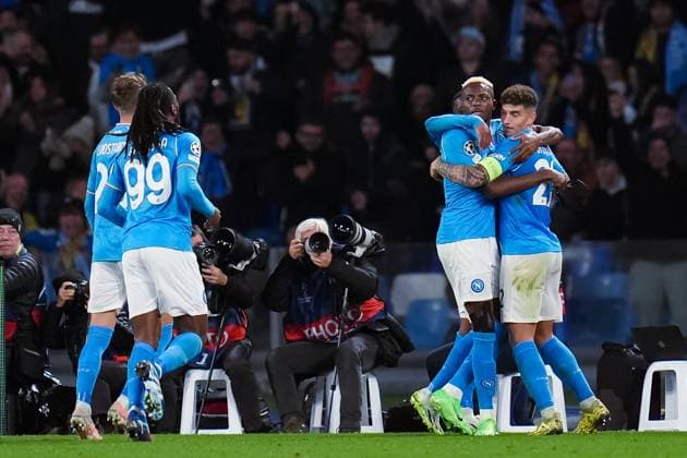 SSC Napoli v FC Barcelona, Barca - UEFA Champions League Victor Osimhen of SSC Napoli celebrates after scoring first goal during the UEFA Champions League Round of 16 first leg match between SSC Napoli v FC Barcelona at Stadio Diego Armando Maradona on February 14, 2024 in Rome, Italy. Naples Stadio Diego Armando Maradona Naples Italy Copyright: xGiuseppexMaffiax UCL_Napoli-Barcelona_GM_210224DSC09480