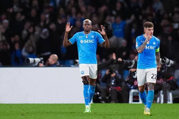 SSC Napoli v FC Barcelona, Barca - UEFA Champions League Victor Osimhen of SSC Napoli celebrates after scoring first goal during the UEFA Champions League Round of 16 first leg match between SSC Napoli v FC Barcelona at Stadio Diego Armando Maradona on February 14, 2024 in Rome, Italy. Naples Stadio Diego Armando Maradona Naples Italy Copyright: xGiuseppexMaffiax UCL_Napoli-Barcelona_GM_210224DSC09747