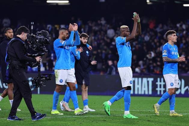Victor Osimhen of SSC Napoli and Giovanni Di Lorenzo wave goodbye at the end of the game the Champions League football match between SSC Napoli and FC Barcelona, Barca at Diego Armando Maradona stadium in Naples (Italy), February 21st, 2024. cesarexpurini