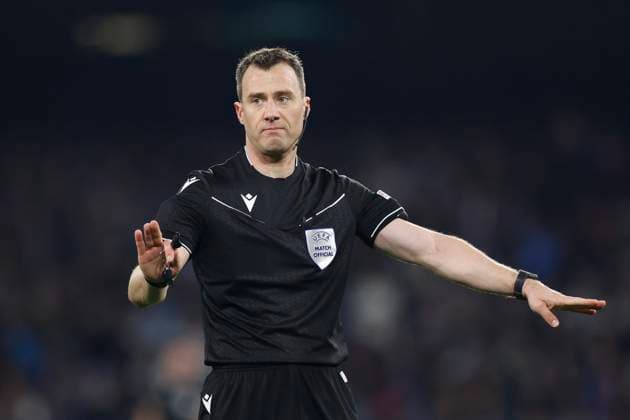 Referee Felix Zwayer gestures, UEFA Champions League 2023 2024 - Round of 16 First Leg, SSC Napoli vs FC Barcelona, Barca Diego Armando Maradona StadiuÃ¬, February 21, 2024, Naples, Italy.