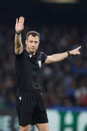 Referee Felix Zwayer gestures, UEFA Champions League 2023 2024 - Round of 16 First Leg, SSC Napoli vs FC Barcelona, Barca Diego Armando Maradona StadiuÃ¬, February 21, 2024, Naples, Italy.