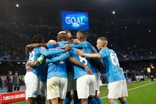 Victor Osimhen (SSC Napoli) celebrates after scoring his team s first goal with team mates, UEFA Champions League 2023 2024 - Round of 16 First Leg, SSC Napoli vs FC Barcelona, Barca Diego Armando Maradona StadiuÃ¬, February 22, 2024, Naples, Italy.