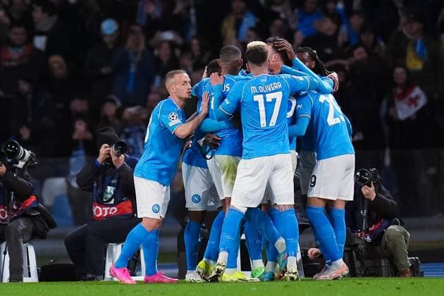 Victor Osimhen of SSC Napoli celebrates after scoring first goal during the Uefa Champions League match between SSC Napoli and FC Barcelona, Barca at Stadio Diego Armando Maradona Naples Italy on 21 February 2024. Naples Stadio Diego Armando Maradona Naples Italy Copyright: xPhotoxSportxPicsx SP24-860-026