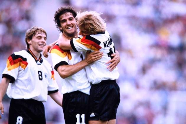 RIEDLE Karlheinz Team Germany cheers after his goal for 1 0 with KLINSMANN Juergen UEFA European Football Championship 1992 Sweden Preliminary Round Match Germany Scotland 2 0 on June 15, 1992 in Norrkoeping Copyright: xLacixPerenyix
