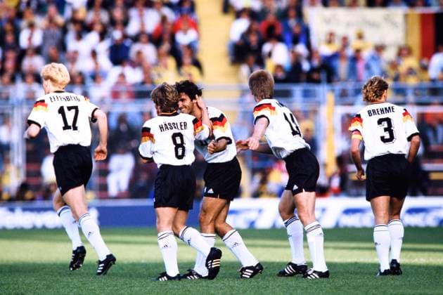 RIEDLE Karlheinz Team Germany celebrates after his goal for 1 0 with HAESSLER Thoma UEFA European Football Championship 1992 Sweden Preliminary Round Match Germany Scotland 2 0 on June 15, 1992 in Norrkoeping Copyright: xLacixPerenyix