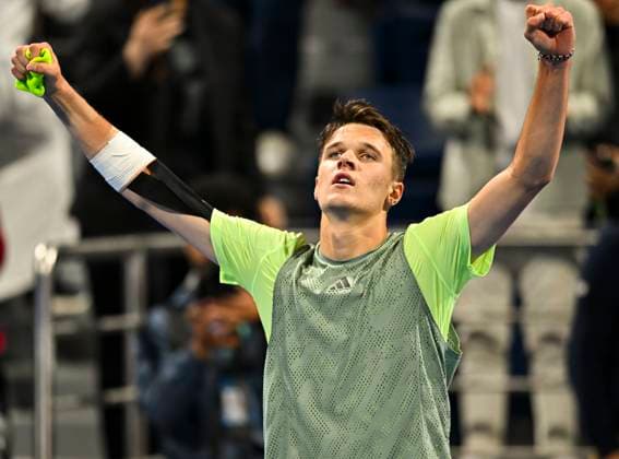 ATP, Tennis Herren Qatar Exxonmobil Open Tennis Tournament 2024 Jakub Mensik from the Czech Republic is celebrating his victory in the quarterfinal singles match against Andrey Rublev at the ATP Qatar ExxonMobil Open tennis tournament at the Khalifa International Tennis Complex in Doha, Qatar, on February 22, 2024. DOHA Qatar  Copyright: xNoushadxThekkayilx originalFilename:varittyakkal-atpqatar240222_npfqJ.jpg