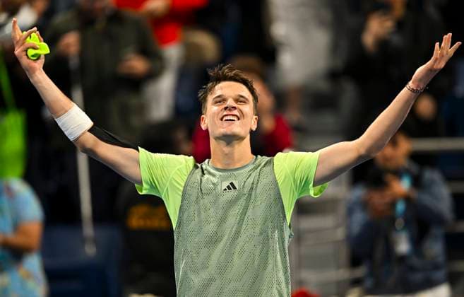 ATP, Tennis Herren Qatar Exxonmobil Open Tennis Tournament 2024 Jakub Mensik from the Czech Republic is celebrating his victory in the quarterfinal singles match against Andrey Rublev at the ATP Qatar ExxonMobil Open tennis tournament at the Khalifa International Tennis Complex in Doha, Qatar, on February 22, 2024. DOHA Qatar  Copyright: xNoushadxThekkayilx originalFilename:varittyakkal-atpqatar240222_npky8.jpg
